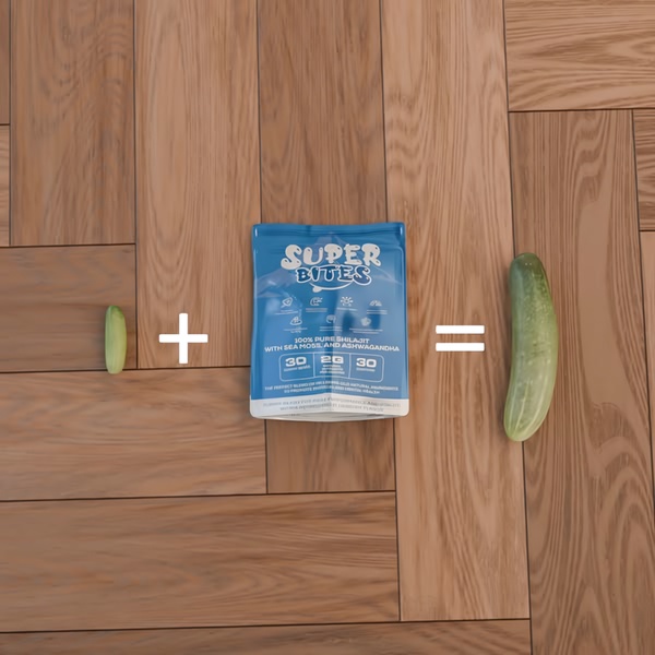 A visual representation showing a small cucumber plus a pack of Super Bites equals a large, healthy cucumber.